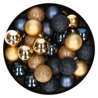 28x stuks kunststof kerstballen goud en donkerblauw mix 3 cm   -