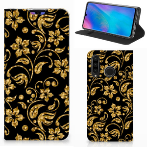 Huawei P30 Lite New Edition Smart Cover Gouden Bloemen