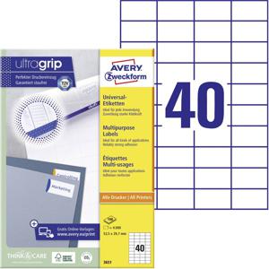 Avery-Zweckform 3651 Universele etiketten 52.5 x 29.7 mm Papier Wit 4000 stuk(s) Permanent hechtend Inkjet, Laser (zwart/wit), Laser (kleur), Kopiëren