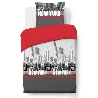 VISION New York Quilt Set - 100% katoen - 1 dekbedovertrek 140 x 200 cm + 1 kussensloop 65 x 65 cm - rood en grijs