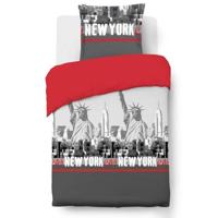 VISION New York Quilt Set - 100% katoen - 1 dekbedovertrek 140 x 200 cm + 1 kussensloop 65 x 65 cm - rood en grijs