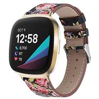 By Qubix - Compatible met Fitbit Versa 3/4 & Sense 1/2 leren bandje - Bloemenprint - Compatible fitbit bandje