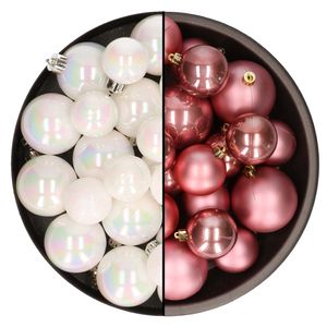 Kerstversiering kunststof kerstballen mix oud roze/parelmoer wit 4-6-8 cm pakket van 68x stuks