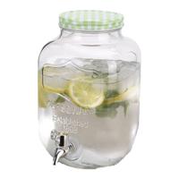 Drankdispenser/limonadetap - met tapje - glas - 4 liter - groen/wit geblokte dop - 15 x 26 cm