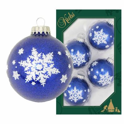 4x Luxe Blauwe Glazen Kerstballen Glitter Met Witte Sneeuwvlok 7 Cm - Kerstversiering/kerstdecoratie Wit/blauw