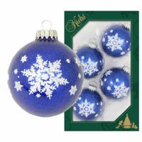 4x Luxe Blauwe Glazen Kerstballen Glitter Met Witte Sneeuwvlok 7 Cm - Kerstversiering/kerstdecoratie Wit/blauw