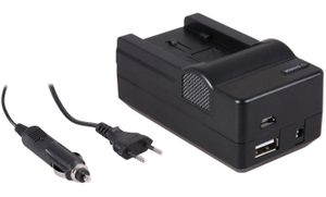 4-in-1 acculader voor Panasonic VW-VBK180 / VW-VBK360 - compact en licht - laden via stopcontact, auto, USB en Powerbank