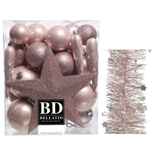 Kerstversiering kerstballen 5-6-8 cm met ster piek en sterren slingers pakket lichtroze 35x stuks