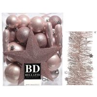 Kerstversiering kerstballen 5-6-8 cm met ster piek en sterren slingers pakket lichtroze 35x stuks