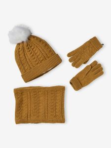 Set muts + snood + handschoenen of wanten van kabelbreisel voor meisjes mosterdgeel