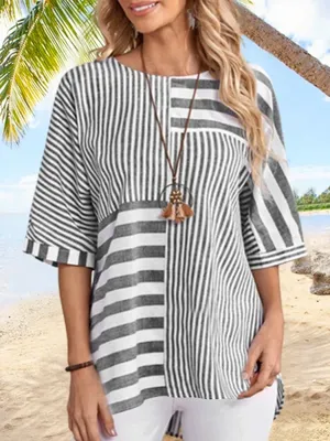 Crew Neck Vacation Striped Short Sleeve T-Shirt