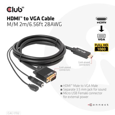 club3D CAC-1712 HDMI-kabel HDMI / Jackplug / USB-micro-B / VGA Adapterkabel HDMI-A-stekker, Jackplug-bus 3,5 mm, USB-micro-B bus, VGA-stekker 15-polig 2.00 m