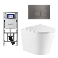 QeramiQ Dely Toiletset - 36.3x51.7cm - diepspoel - rimless - Geberit UP320 inbouwreservoir - softclose toiletzitting - gunmetal bedieningsplaat - rechtehoekige knoppen - wit mat SW543432/0701131/SW706199