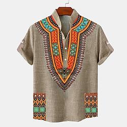 Etnisch Casual Tribal Voor heren linnen overhemd Henley-shirt Dagelijks Vakantie Zomer Lente Mandarijn Kraag Band Kraag Korte mouw blauw, Groen, Khaki S, M, L 20%linnen20%cellulose60%polyester Lightinthebox