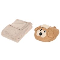 Fleece deken beige 125 x 150 cm met voetenwarmer slof Terrier hond one size - thumbnail