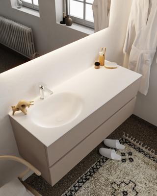 Mondiaz Vica 120cm badmeubel smoke 2 lades wastafel Moon links met 1 kraangat Mondiaz Vica 120cm badmeubel smoke 2 lades wastafel Moon links met 1 kraangat