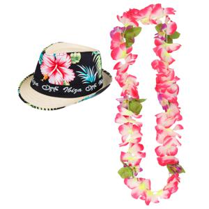 Hawaii thema party verkleedset - Trilby strohoedje - bloemenkrans roze/wit - Tropical toppers