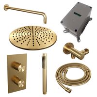 Regendoucheset Inbouw Brauer Gold Carving Thermostatisch 30 cm met 3-Weg Omstelling, Gebogen Wandarm en Staaf Handdouche Geborsteld Goud Brauer