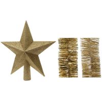 Kerstversiering kunststof glitter ster piek 19 cm en folieslingers pakket goud van 3x stuks - thumbnail