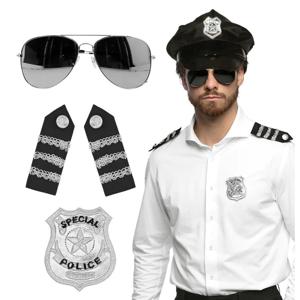 Carnaval verkleed set - politiepet - zwart - met epauletten/badge/zonnebril - heren/dames