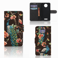 Motorola Moto C Plus Telefoonhoesje met Pasjes Pauw met Bloemen
