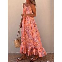 Dames Casual jurk Swingjurk Zomerjurk Lange jurk maxi-jurk Modieus Streetwear Blad Ruche Blote rug Buiten Dagelijks Feestdagen Halternek Mouwloos Jurk Normale