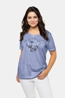 Ulla Popken T-shirt, classic, V-hals,  transparante pailletten, schelpmotief - Grote Maten