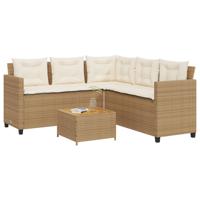 Tuinbank met tafel en kussens L-vormig poly rattan beige - thumbnail