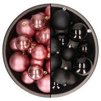 Kerstversiering kunststof kerstballen mix zwart/oud roze 4-6-8 cm pakket van 68x stuks