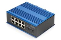 DIGITUS PoE netwerk switch - 10-poorts Gigabit Ethernet - 8x RJ45 + 2x SFP - IP40 - 10/100/1000 Mbit/s - DIN rail montage - industriële serie - zwart/blauw