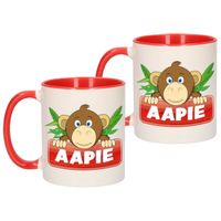 2x stuks kinder apen mok / beker Aapie rood / wit 300 ml - thumbnail