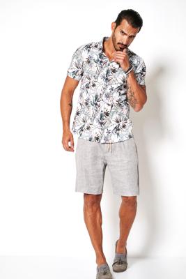 Desoto Heren Overhemd Korte Mouw Wit Blader Print Slim Fit