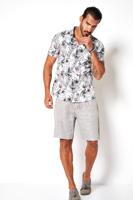 Desoto Heren Overhemd Korte Mouw Wit Blader Print Slim Fit