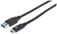 Manhattan USB-C naar USB-A kabel, 50 cm, mannelijk naar mannelijk, 10 Gbps (USB 3.2 Gen2), 3A, zwart, polybag