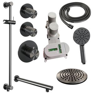 Regendoucheset Inbouw Brauer Gunmetal Carving Thermostatisch 20 cm met Wandarm, Glijstang en Handdouche 3-Standen Losse Stopkranen Geborsteld Gunmetal