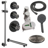 Regendoucheset Inbouw Brauer Gunmetal Carving Thermostatisch 20 cm met Wandarm, Glijstang en Handdouche 3-Standen Losse Stopkranen Geborsteld Gunmetal - thumbnail