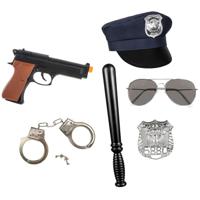 Carnaval verkleed set XL - politie agent - pet/knuppel/badge/pistool/zonnebril/handboeien - thumbnail