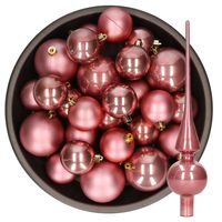 Kerstversiering kunststof kerstballen met piek oud roze 6-8-10 cm pakket van 45x stuks - thumbnail