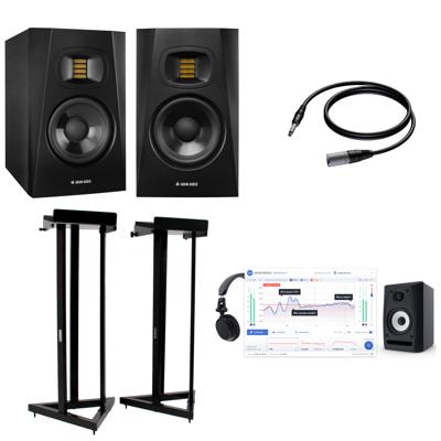 Adam T5V (2x) + statieven + monitorkalibratie + kabels Adam T5V (2x) + statieven + monitorkalibratie + kabels