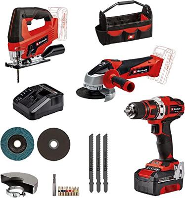 Einhell accu Boor-/Schroefmachine TE-CD 18/40 Li + accu Haakse Slijper TC-AG 18/115 Li + accu Decoupeerzaag TC-JS 18 Li Power X-Change (18 V, incl. 1x 4,0 Ah-accu, oplader, accessoires, tas)