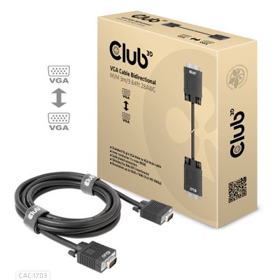 club3D CAC-1703 VGA-kabel VGA Aansluitkabel VGA-stekker 15-polig, VGA-stekker 15-polig 3.00 m Zwart Schroefbaar, Vergulde steekcontacten