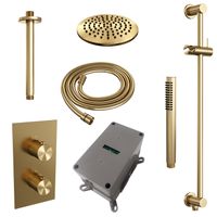 Regendoucheset Inbouw Brauer Gold Carving Thermostatisch 20 cm met 3-Weg Omstelling, Plafondarm, Glijstang en Staaf Handdouche Geborsteld Goud Brauer