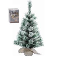 Kunst kerstboom - besneeuwd - H60 cm - met kerstverlichting - warm wit - kunstboom - jute zak