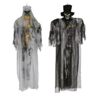 Horror/halloween decoratie spook bruid en bruidegom poppen set - met verlichting - hangend - 180 cm - thumbnail