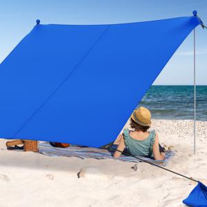 Strandtent 200 x 200 cm Zonnetent met Zandankers Zandzakken en 2 Steunstangen Draagbare Zonwering Zonnedak voor Strand Picknick (Blauw)