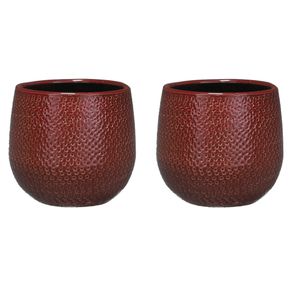 Set van 3x stuks bloempotten bordeaux rood ribbels keramiek voor kamerplant H12 x D14 cm