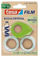 tesafilm eco & crystal Tape - Transparante Plakband van Gerecycled PET-materiaal - Scheurvast, met Sterke Kleefkracht - Set met Compacte Tapedispenser - 2 Rollen á 10 m x 19 mm