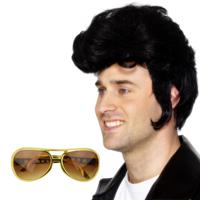 Rock and Roll ster Elvis verkleed set - herenpruik zwart met kuif - en bril goud montuur - thumbnail