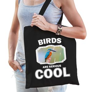 Katoenen tasje birds are serious cool zwart - vogels/ ijsvogel cadeau tas