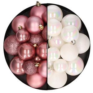 Kerstballen 60x stuks - mix oudroze/parelmoer wit - 4-5-6 cm - kunststof